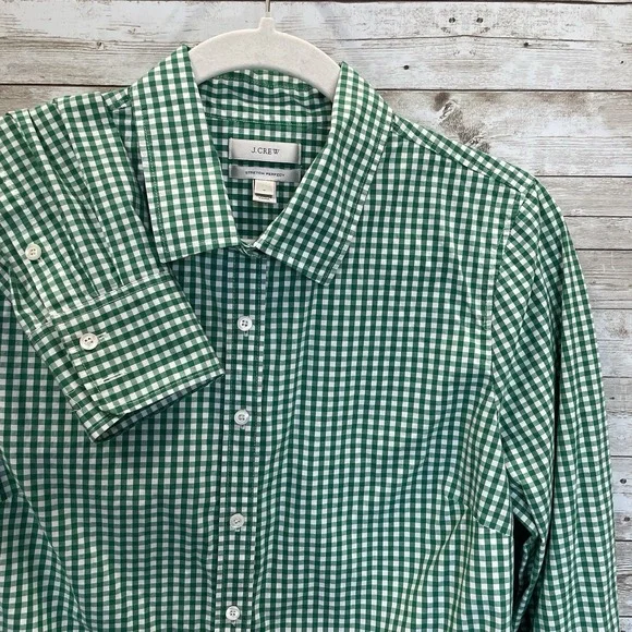 J.Crew Womens M Shirt Stretch Perfect Green White Gingham Check Button Up Preppy - Picture 1 of 6